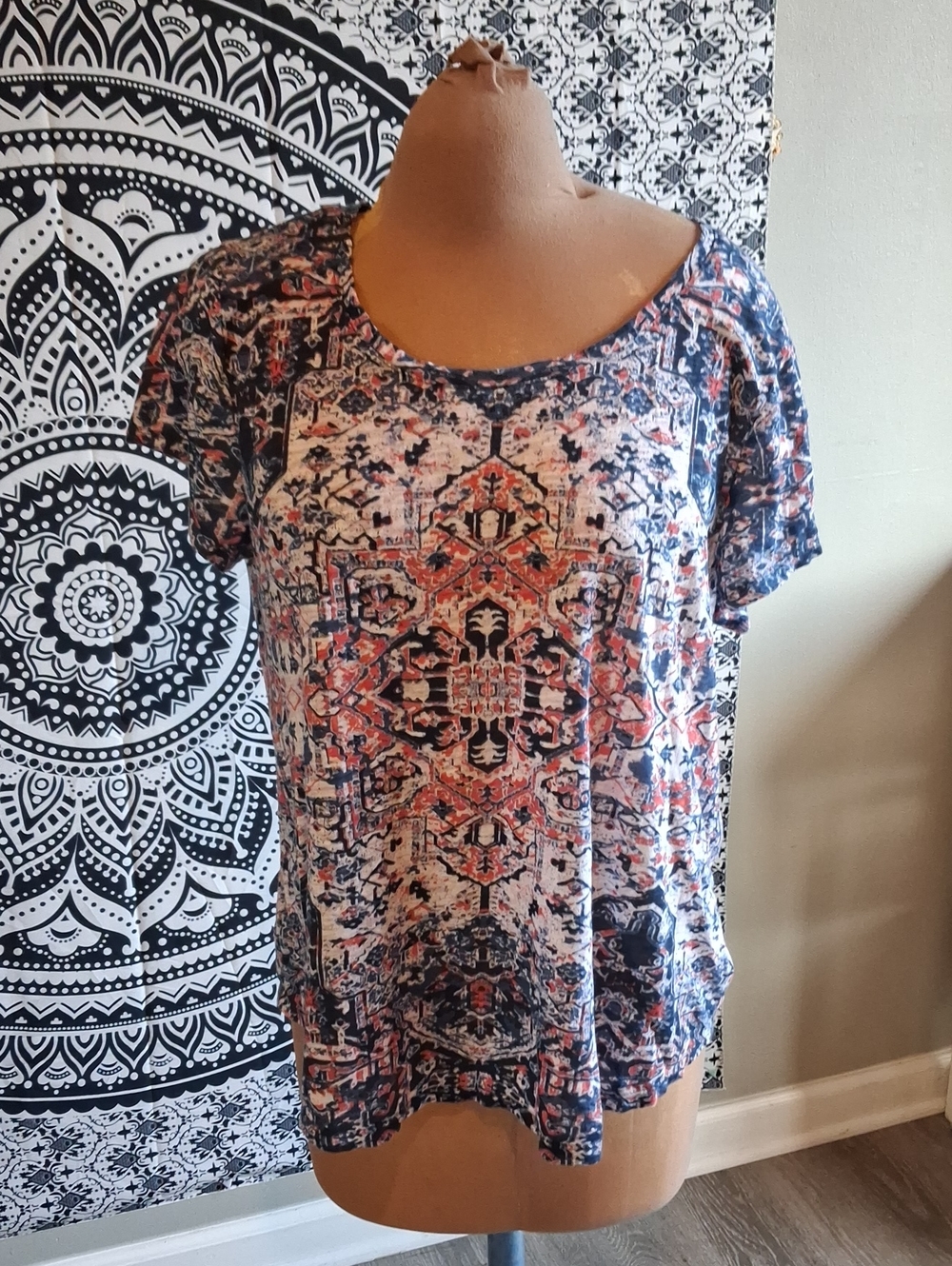 Lucky Brand Blue and Coral Short Sleeve Scoop Neck Printed Tee